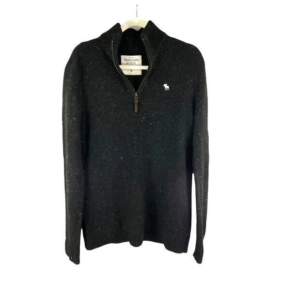 Abercrombie & Fitch Mens Half-Zip Sweater M Wool Blend Black Ribbed Pullover - Picture 1 of 6